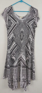 World Unity sz M A-Line Dress asymmetric hem stretchy black gray white 4522